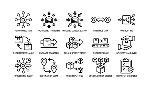 Logistics hub icons showing transfer flows and delivery stages