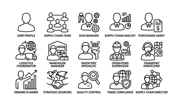 Supply chain personnel icons arranged on white background