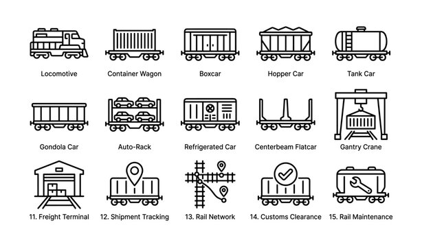 Rail freight and cargo icons arranged on white background