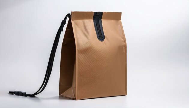 standalone brown kraft paper pouch with black resealable zipper stands against a clean white background
