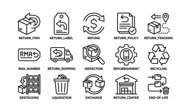 Return and refund icon set showing logistics and tracking