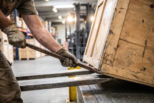 Warehouse worker using a metal pry bar to position a heavy wooden crate on forklift prongs