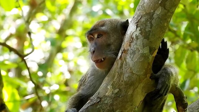 Wild Macaque Monkey Perched on a Tree Branch in Tropical Forest