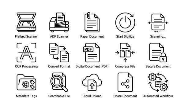 Document scanning and digitization icons for file processing