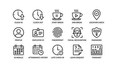 Naklejka premium Work attendance and time tracking icons on white background