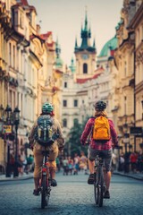 Obraz premium Cardio sports cycling biking exercise training, healthy lifestyle. Two people riding bicycles down a cobblestone street in the old town of Prague, surrounded by buildings, street lights.