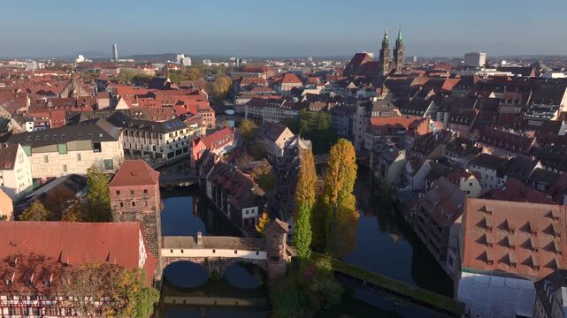 Aerial view of Nuremberg, Germany. Historic medieval German City in Bavaria. towers and old town of Nurnberg.