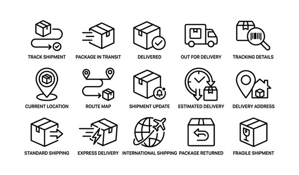 Shipping icons showing package tracking and delivery statuses on white