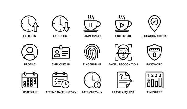 Work attendance and time tracking icons on white background