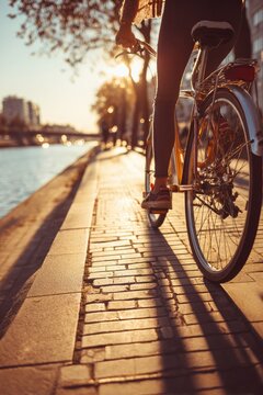 Cardio sports cycling biking exercise training, healthy lifestyle. A person riding a bicycle down a sidewalk at sunset, with the sun casting a golden hue over the scene.