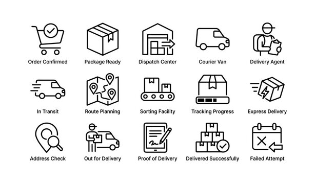Order and delivery icons showing transit stages on white background