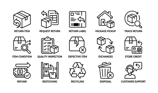 Array of package return and refund icons on white background