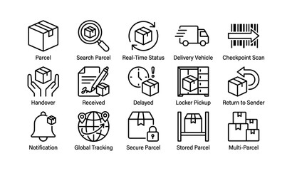 Fototapeta na wymiar Parcel and delivery icons displayed in a grid on white background
