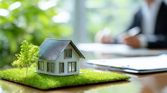 Real estate business market, house home building purchase sale. A miniature house on a lush green grassy surface, with a tree beside it, set against a blurred background.