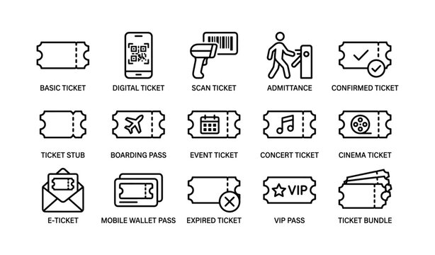 Ticket icons showing boarding passes and event tickets on white