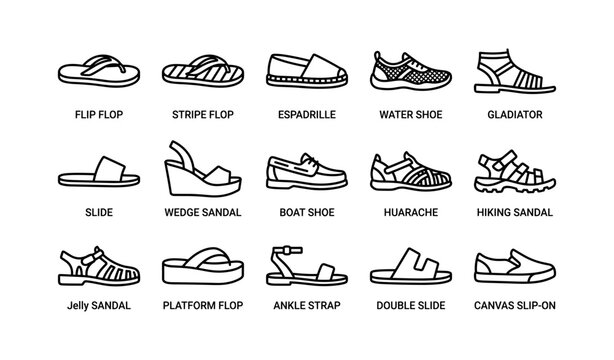 Casual footwear and sandal icons arranged in a grid