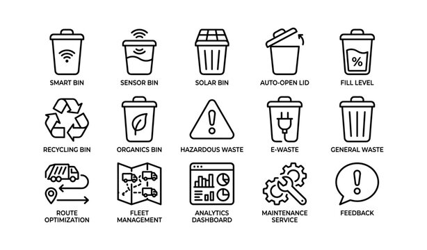 Smart waste and bin management icons arranged in grid on white