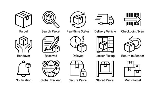 Parcel and delivery icons displayed in a grid on white background
