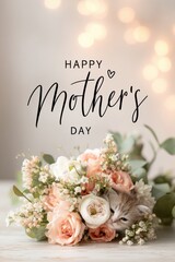 Mothers Day, Valentines Day, love holiday theme. A happy mothers day card featuring a kitten surrounded by a bouquet of flowers and leaves on a wooden surface.