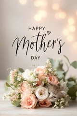 Mothers Day, Valentines Day, love holiday theme. A happy mothers day card featuring a kitten surrounded by a bouquet of flowers and leaves on a wooden surface. © rabbit75_fot