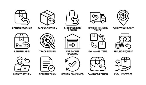 Return icons illustrating product return process on white background