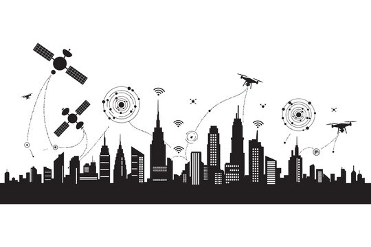 Urban skyline silhouette with aerial vehicles and abstract elements a modern cityscape