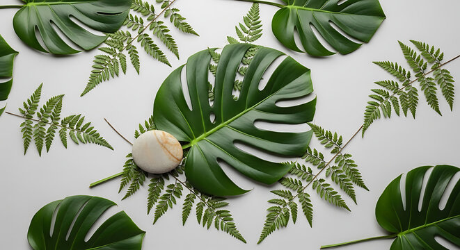 Tropical monstera leaves and delicate ferns arranged with a smooth seashell on a light surface, natural pattern and texture