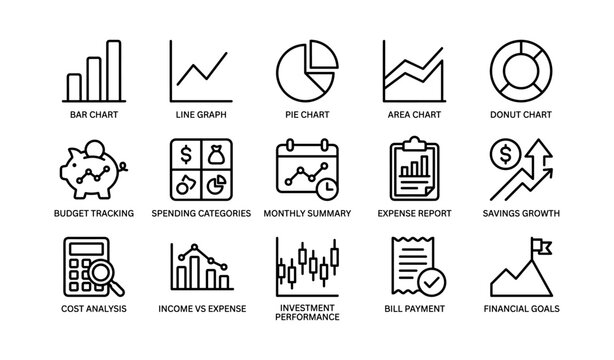 Grid of financial charts and budgeting icons for reports