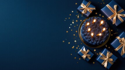 Naklejka premium Birthday celebration theme for party event. A topdown view of a birthday cake with lit candles surrounded by presents on a blue background. The cake is adorned with golden stars.