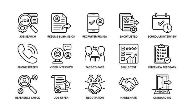 Recruitment and interview icons arranged in grid layout