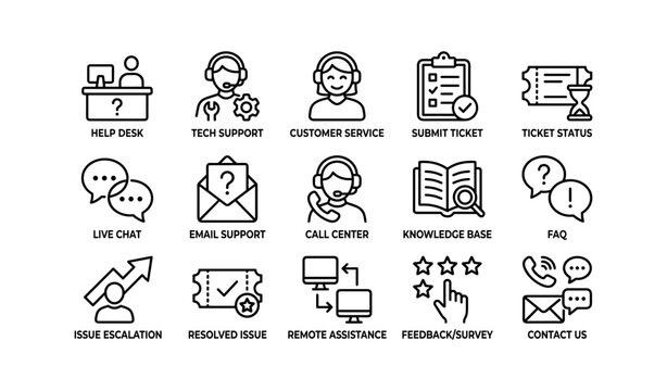Customer support and help desk icons displayed in grid on white