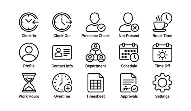 Attendance and scheduling icons displayed in grid on white background