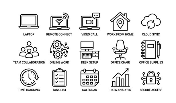 Remote work and collaboration icons on white background
