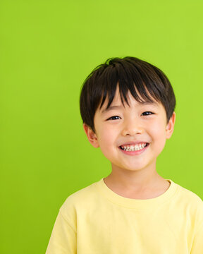 新緑カラーの明るい背景で歯を見せて笑う日本人の子供のポートレート、小児歯科・保育・幼児教育広告に使いやすいコピースペース付き写真 -生成AI