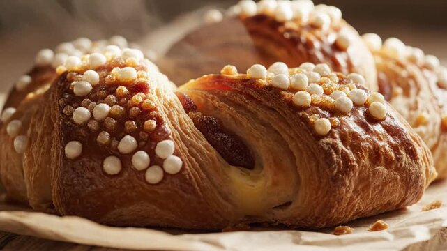 Close up of sweet pastry with white pearls and sprinkles.