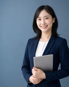 淡いブルーグレー背景でタブレットを持ち自信ある笑顔を見せる日本人ビジネスウーマン、採用サイト・転職広告・企業紹介に使える清潔感のある人物写真 -生成AI