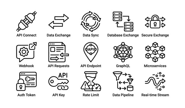 Set of api and data exchange technology icons on white background