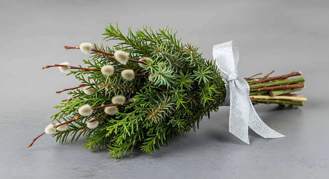 Small rustic bouquet of coniferous branches and pussy willow catkins tied with a silver ribbon on a textured gray background, natural spring decoration