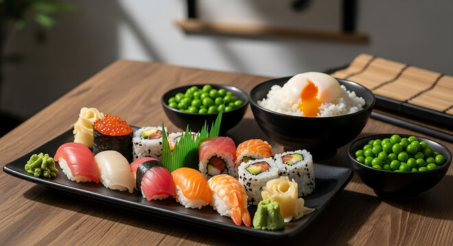 Delicious sushi platter with assorted nigiri and maki rolls, served with peas and a soft-boiled egg over rice, ideal for culinary blogs and food photography