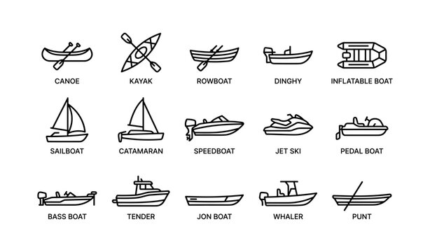 Boat and watercraft icons showing various vessel types