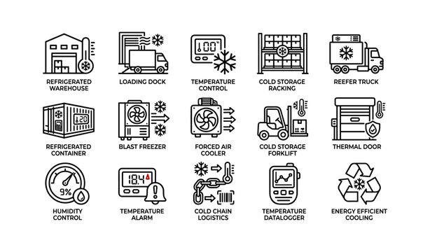 Cold storage and refrigerated logistics icons for temperature control