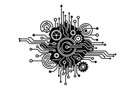 Intricate circuitry silhouette a technological heart with gears and lines