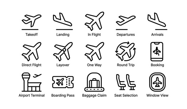 Air travel icons depicting flight actions and airport elements
