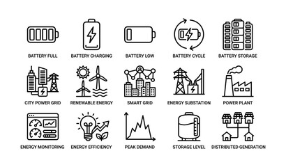 Fototapeta na wymiar Battery and energy icons showing grid and storage concepts on white