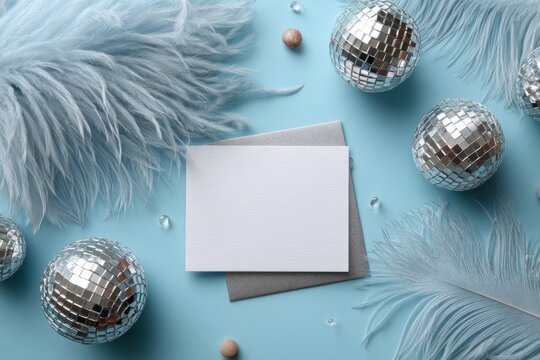 Blank textured card mockup on a light blue background framed by soft feathers and mini disco balls, flat lay