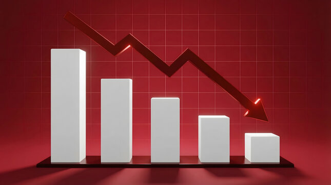 Declining business graph with downward trend on red background indicating loss or decrease