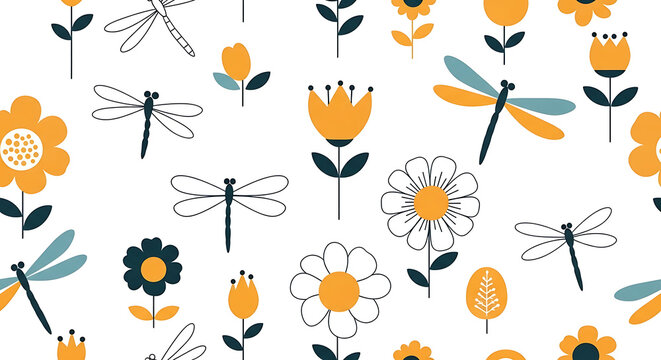 Charming seamless pattern with stylized dragonflies and wildflowers in mustard yellow, teal, and dark blue on a white background, perfect for textiles and stationery design.