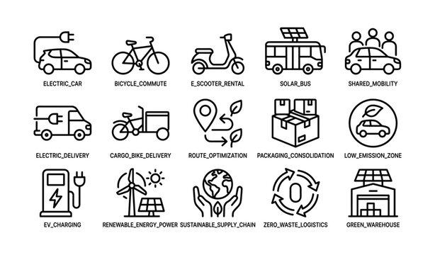 Transport and mobility icons illustrating low emission solutions grid