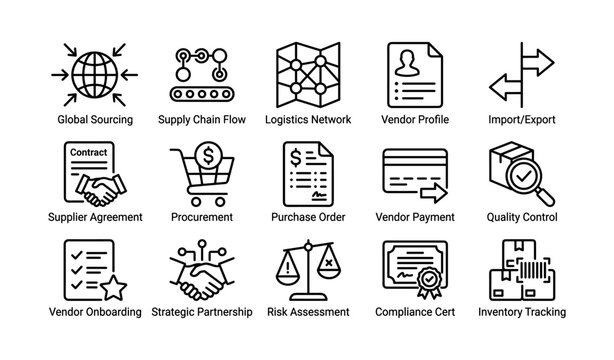 Supply chain and vendor management icons showing procurement workflow