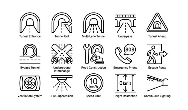 Tunnel safety icons arranged with labels on white background